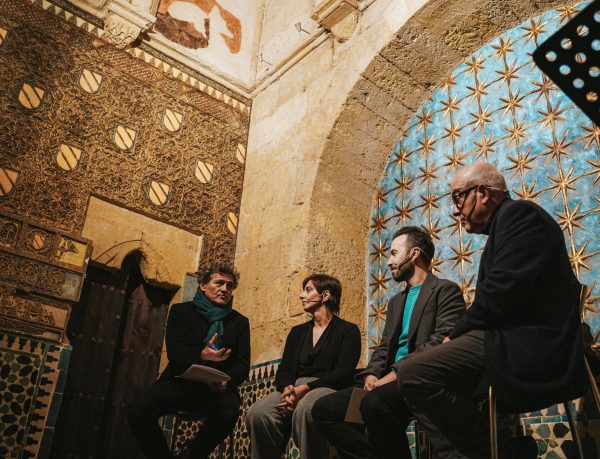 Los cuatro participantes en la presentación del podcast, en la Capilla de San Bartolomé
